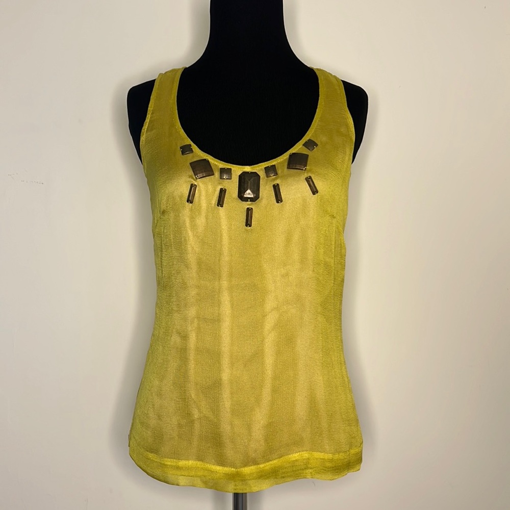 SILK CULTURE Silk Mesh Embellished Tank Blouse in Lime 2